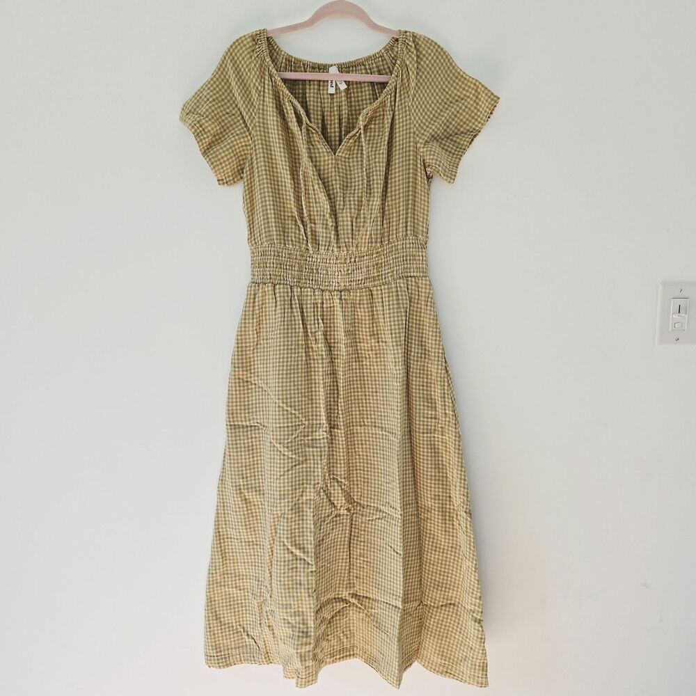 Pact Gingham Midi Dress Sz M Coastal Double Gauze Boho Olive Green Gold Cotton - Picture 2 of 12